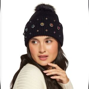Kurt Geiger London Octavia Crystal Rhinestone Beanie With Pom Pom in Black